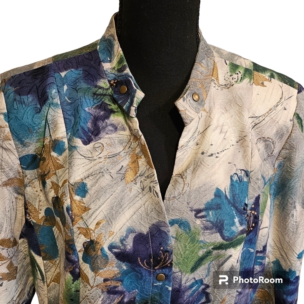 Coldwater Creek Watercolor Paint Floral Snap Up 100% Cotton Shell Jacket Size 14 - Picture 5 of 10
